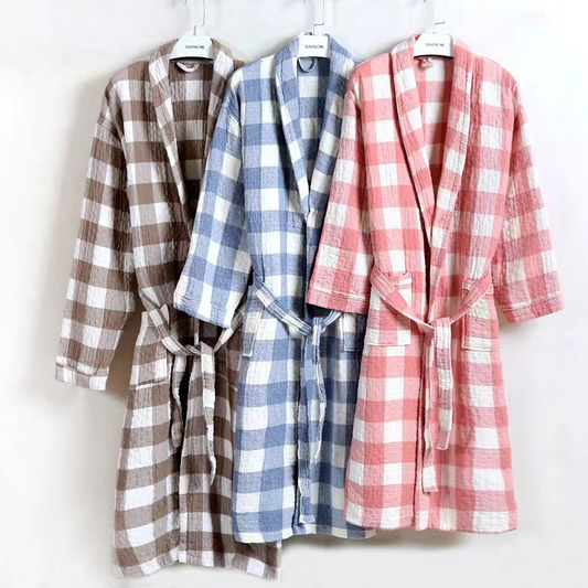 Unisex 100% Pure Long-Staple Cotton Luxury Bathrobe With Pockets - Elegant Classic style Middle Checks Range