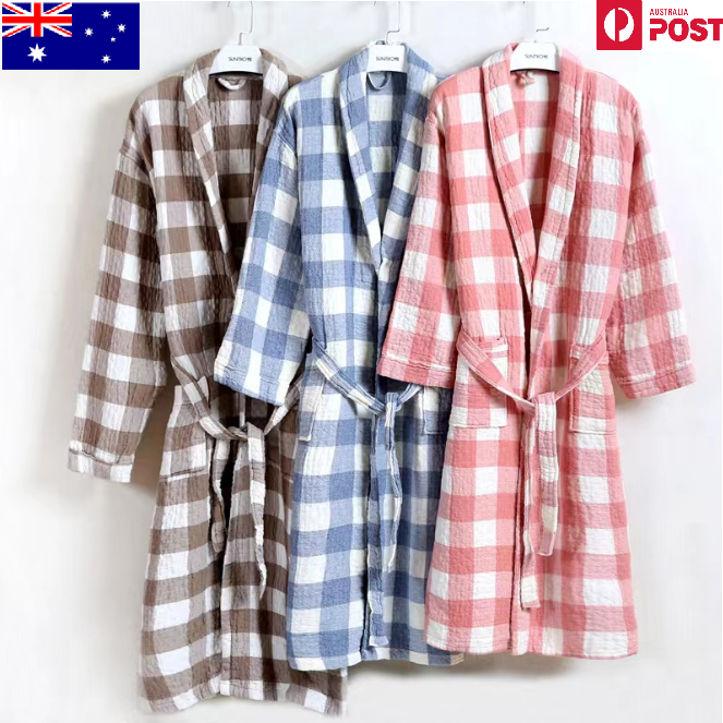 Unisex 100% Pure Long-Staple Cotton Luxury Bathrobe With Pockets - Elegant Classic style Middle Checks Range