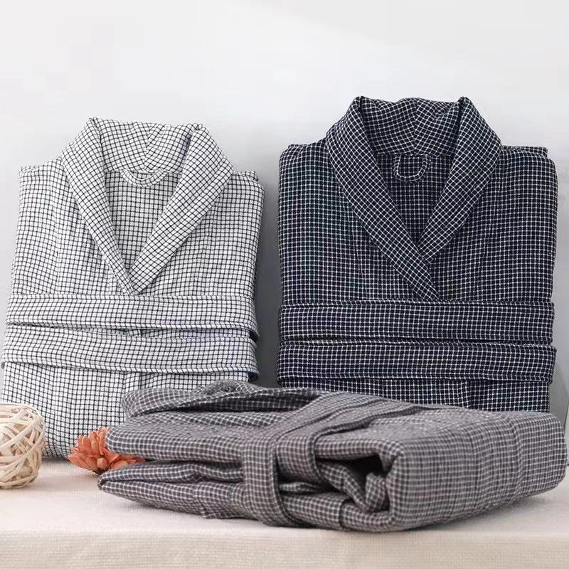 Unisex 100% Pure Long-Staple Cotton Luxury Bathrobe with Pockets - Elegant Classic style Checks Range