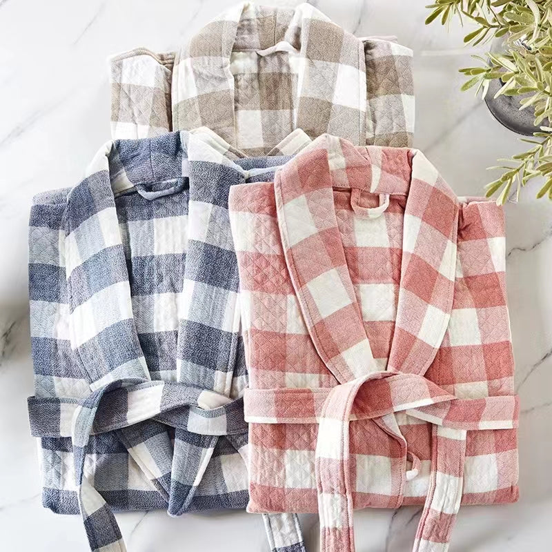 Unisex 100% Pure Long-Staple Cotton Luxury Bathrobe With Pockets - Elegant Classic style Middle Checks Range